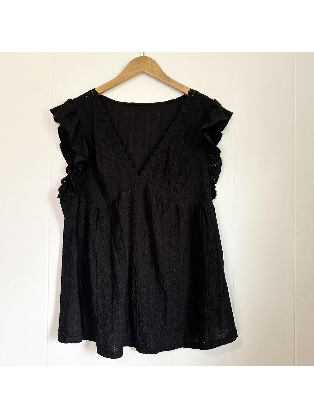 Shein Black Emo Goth Floral Lace Embroidered Ruffle Blouse Top Women's 1XL
